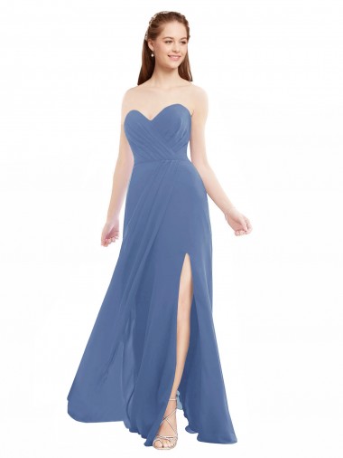 Bleu Windsor Trapèze Sans bretelle Mousseline Longue Robes demoiselle d'honneur
