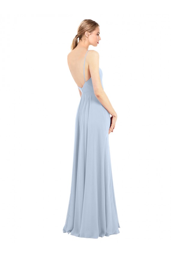 Bleu ciel clair Trapèze Bretelles spaghetti Col Carré Mousseline Longue Robes demoiselle d'honneur