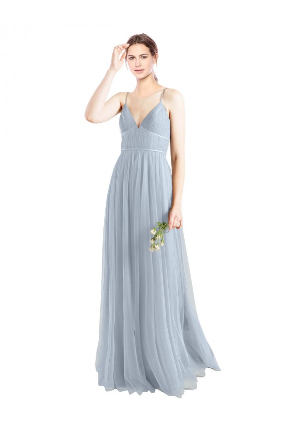 Bleu ciel clair Trapèze Bretelles spaghetti Col V Tulle Longue Robes demoiselle d'honneur