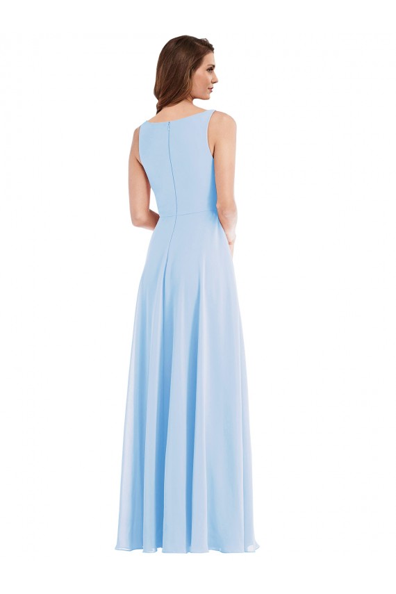 Bleu ciel clair Trapèze Col V Mousseline Longue Robes demoiselle d'honneur