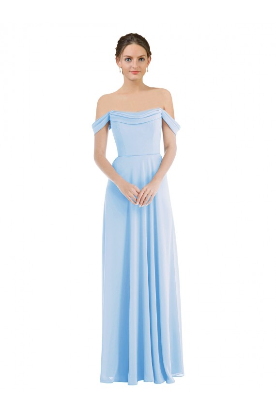 Bleu ciel clair Trapèze Épaule Dénudée Mousseline Longue Formelles Robes demoiselle d'honneur / Robes de soirée