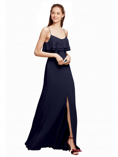 Bleu marine foncé Trapèze Bretelles spaghetti Scoop Mousseline Longue Robes demoiselle d'honneur
