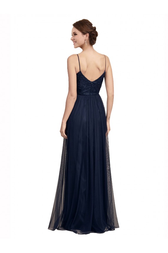 Bleu marine foncé Trapèze Bretelles spaghetti Tulle Dentelle Longue Robes demoiselle d'honneur