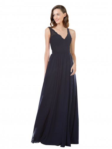 Bleu marine foncé Trapèze Col V Mousseline Dentelle Longue Robes demoiselle d'honneur