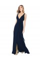 Bleu marine foncé Trapèze Col V Mousseline Longue Robes demoiselle d'honneur