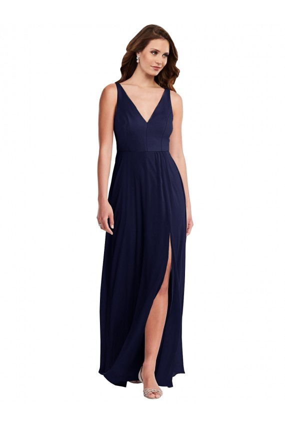 Bleu marine foncé Trapèze Col V Mousseline Longue Robes demoiselle d'honneur