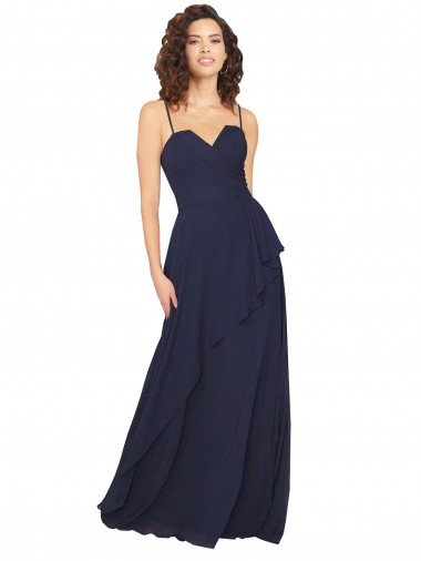 Bleu marine foncé Trapèze Col V Mousseline Longue Robes demoiselle d'honneur