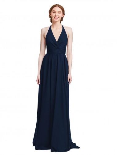 Bleu marine foncé Trapèze Licou Col V Mousseline Longue Robes demoiselle d'honneur