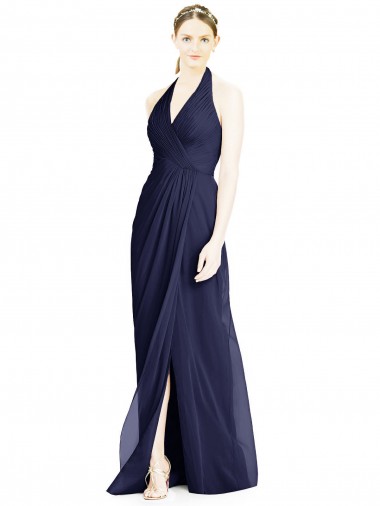 Bleu marine foncé Trapèze Licou Col V Mousseline Longue Robes demoiselle d'honneur
