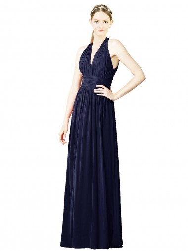 Bleu marine foncé Trapèze Licou Col V Mousseline Longue Robes demoiselle d'honneur