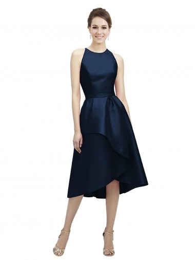 Bleu marine foncé Trapèze Licou Col bijou Satiné Courte Asymétrique Robes demoiselle d'honneur