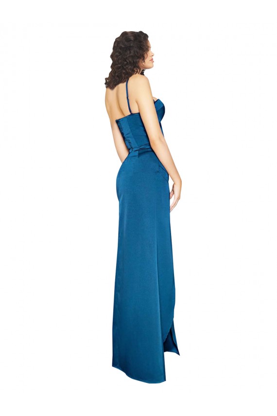 Bleu paon Fourreau Bretelles spaghetti Satiné Soyeux Longue Formelles Robes demoiselle d'honneur / Robes de soirée / Robes de bal