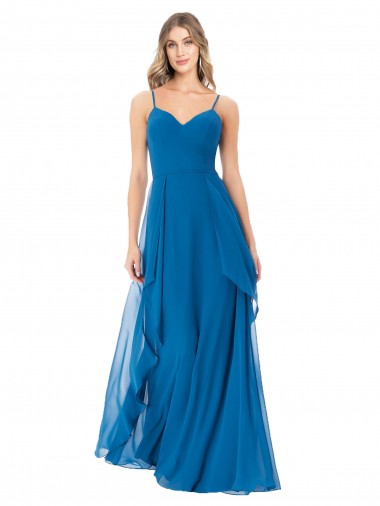 Bleu paon Trapèze Bretelles spaghetti Mousseline Longue Robes demoiselle d'honneur