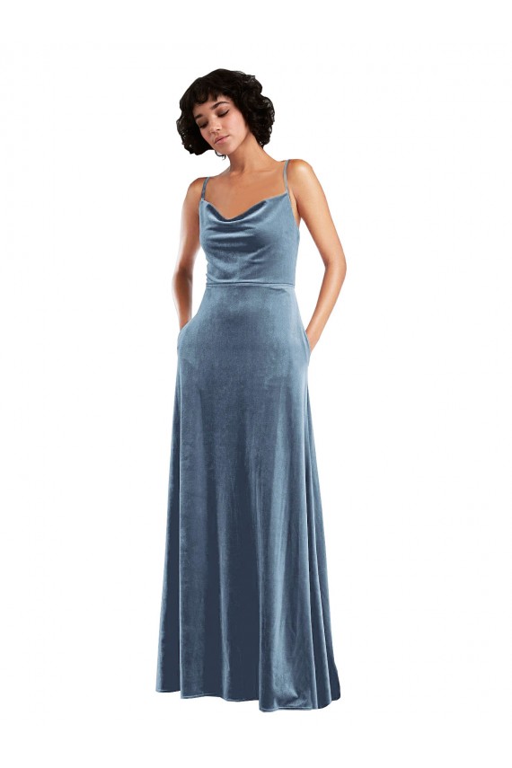 Bleu poussiéreux Fourreau Velours Stretch Longue Robes demoiselle d'honneur / Robes de bal