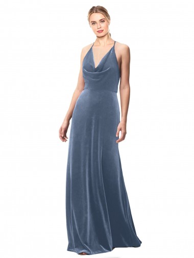 Bleu poussiéreux Trapèze Bretelles spaghetti Velours Stretch Longue Robes demoiselle d'honneur / Robes de bal