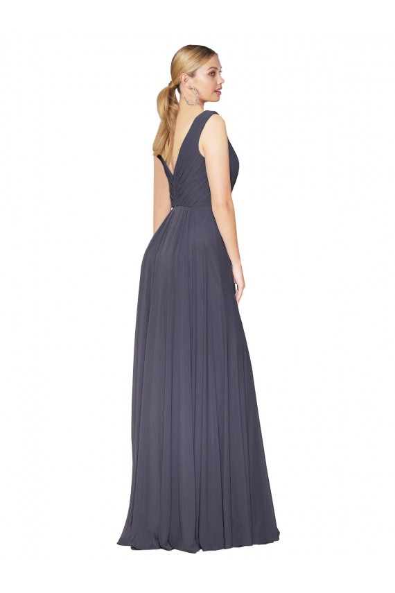 Bleu poussiéreux Trapèze Col V Mousseline Longue Formelles Robes demoiselle d'honneur / Robes de soirée / Robes de bal