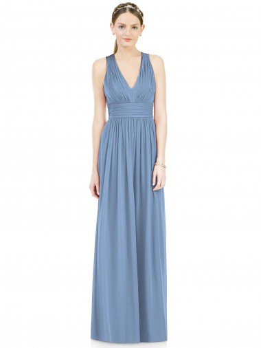 Bleu poussiéreux Trapèze Col V Mousseline Longue Robes demoiselle d'honneur