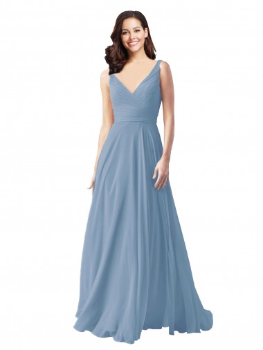 Bleu poussiéreux Trapèze Col V Mousseline Longue Robes demoiselle d'honneur