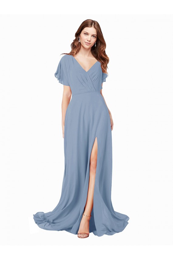 Bleu poussiéreux Trapèze Col V Mousseline Longue Robes demoiselle d'honneur / Robes de bal