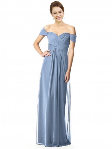 Bleu poussiéreux Trapèze Épaule Dénudée Mousseline Longue Robes demoiselle d'honneur