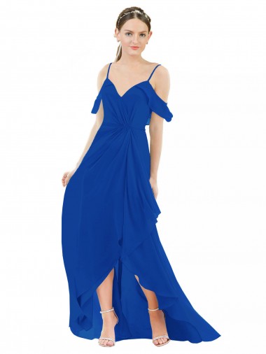 Bleu roi Trapèze Col V Mousseline Longue Asymétrique Robes demoiselle d'honneur