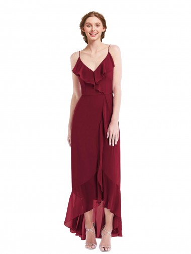 Bordeaux Trapèze Bretelles spaghetti Col V Mousseline Longue Asymétrique Robes demoiselle d'honneur
