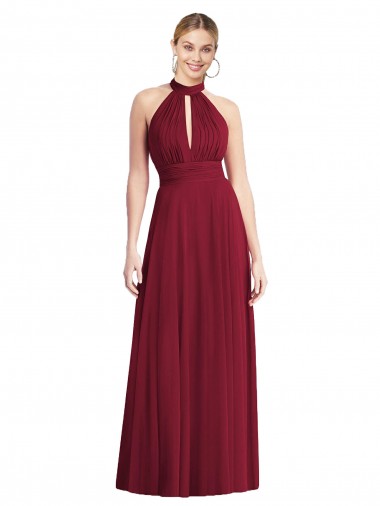 Bordeaux Trapèze Licou Col Haut Mousseline Longue Robes demoiselle d'honneur