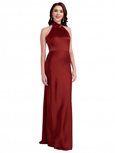 Bordeaux Trapèze Licou Satiné Stretch Longue Formelles Robes demoiselle d'honneur / Robes de soirée / Robes de bal