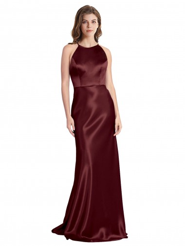 Bordeaux foncé Trapèze Bretelles spaghetti Col V Satiné Stretch Longue Formelles Robes demoiselle d'honneur / Robes de soirée / Robes de bal