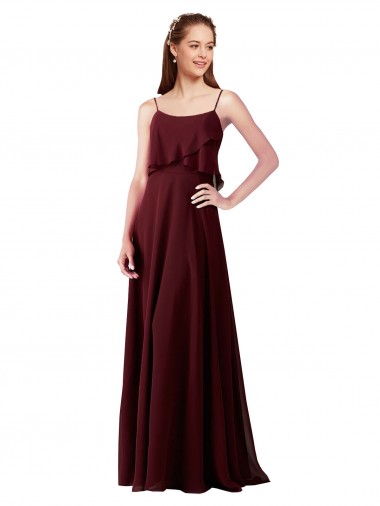 Bordeaux foncé Trapèze Bretelles spaghetti Mousseline Longue Robes demoiselle d'honneur