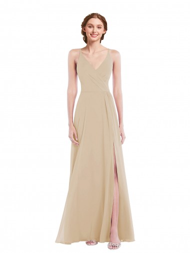 Champagne Trapèze Col V Mousseline Longue Robes demoiselle d'honneur