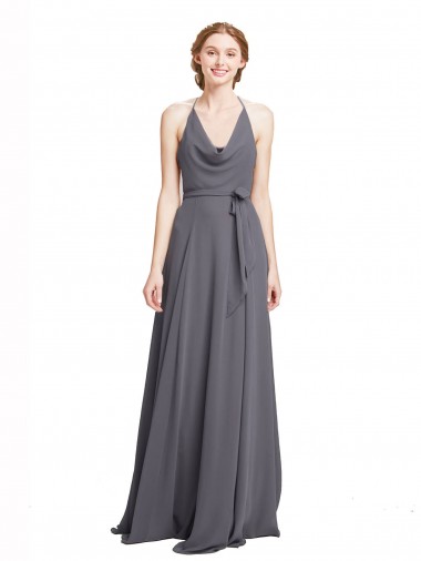 Gris ardoise Trapèze Bretelles spaghetti Mousseline Longue Robes demoiselle d'honneur