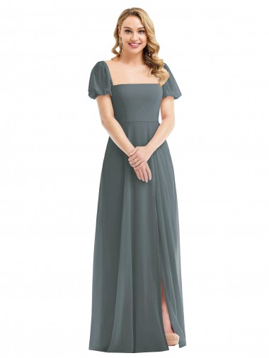 Gris ardoise Trapèze Col Carré Mousseline Longue Robes demoiselle d'honneur