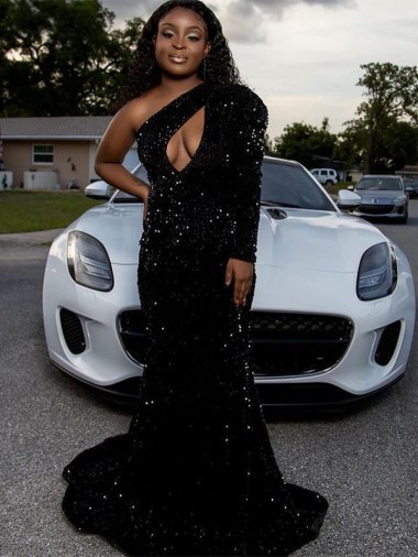 Noir Fourreau Balayage train Paillettes Velours Longue Robes de bal