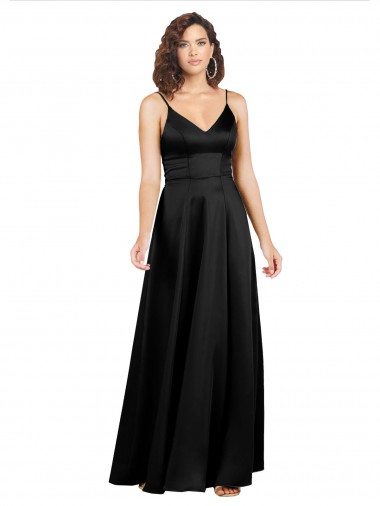 Noir Trapèze Col V Satiné Soyeux Longue Formelles Robes demoiselle d'honneur / Robes de soirée / Robes de bal