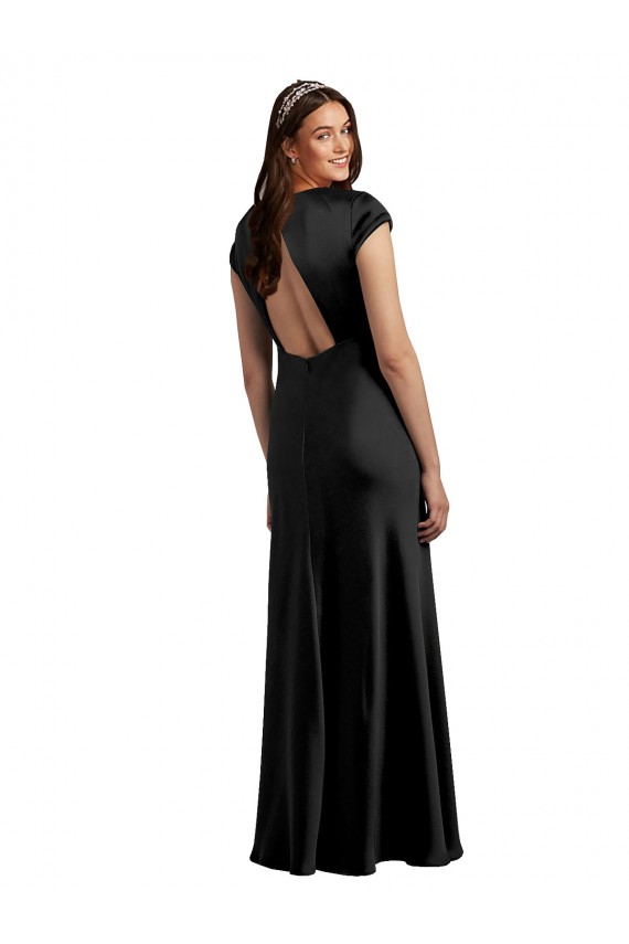 Noir Trapèze Col V Satiné Stretch Longue Formelles Robes demoiselle d'honneur / Robes de soirée / Robes de bal