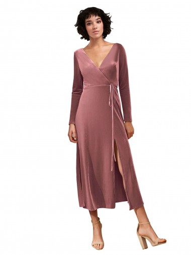 Rose Cannelle Trapèze Col V midi Velours Stretch Courte Robes demoiselle d'honneur / Robes de bal