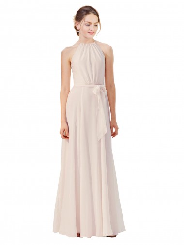 Rose crème Trapèze Bateau Col Haut Mousseline Longue Robes demoiselle d'honneur