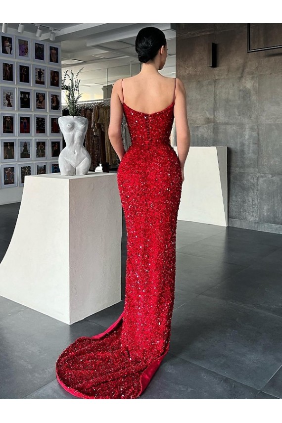 Rouge Fourreau Col V Balayage train Paillettes Velours Longue Robes de bal