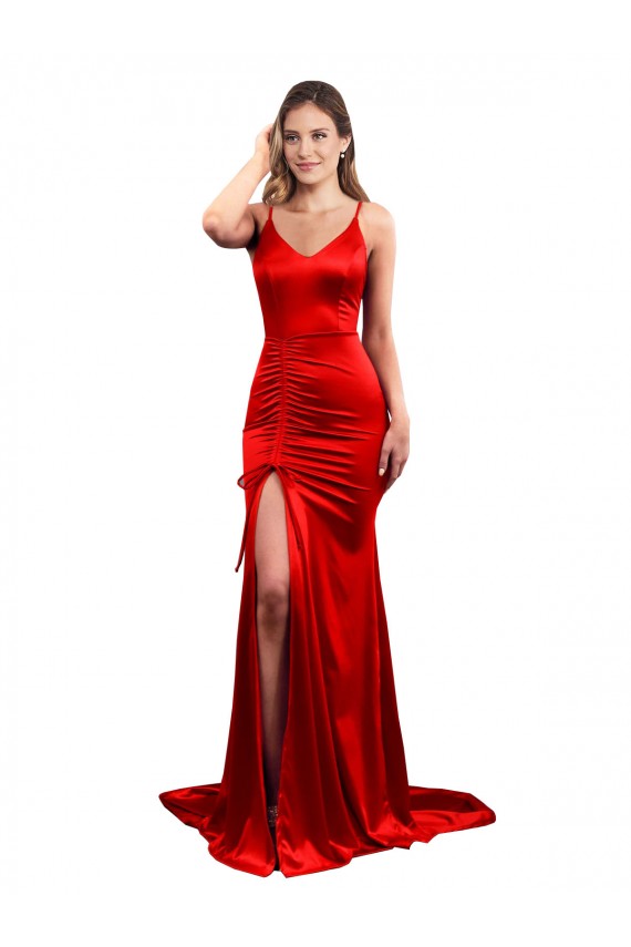 Rouge Sirène Satiné Stretch Longue Formelles Robes demoiselle d'honneur / Robes de soirée / Robes de bal