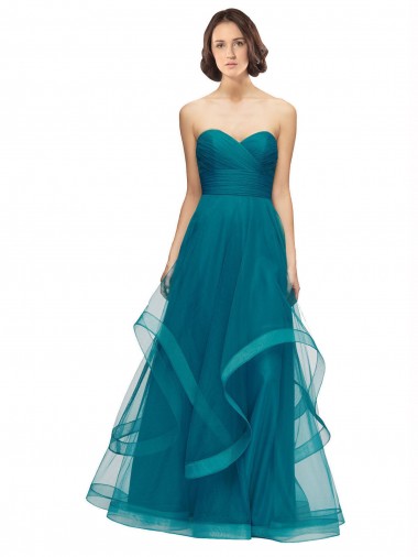 Turquoise Trapèze Sans bretelle Tulle Longue Robes demoiselle d'honneur