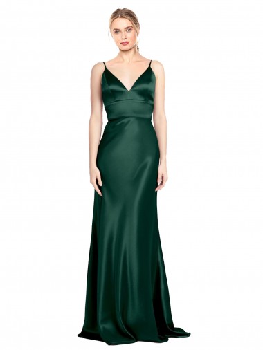 Vert Chasseur Fourreau Bretelles spaghetti Col V Satiné Stretch Longue Formelles Robes demoiselle d'honneur / Robes de soirée / Robes de bal