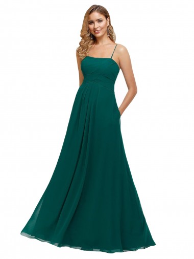 Vert Chasseur Trapèze Bretelles spaghetti Col Carré Mousseline Longue Robes demoiselle d'honneur