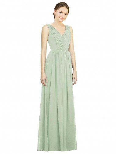 Vert Sauge Trapèze Col V Mousseline Longue Robes demoiselle d'honneur