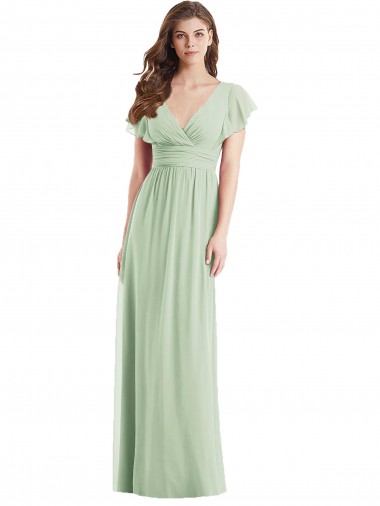 Vert Sauge Trompette Col V Mousseline Longue Robes demoiselle d'honneur