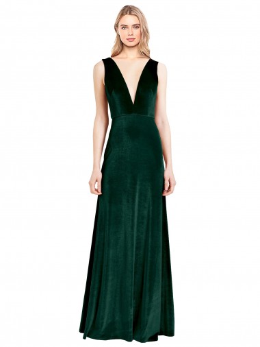 Vert foncé Trapèze Col V Velours Stretch Longue Formelles Robes demoiselle d'honneur / Robes de soirée / Robes de bal