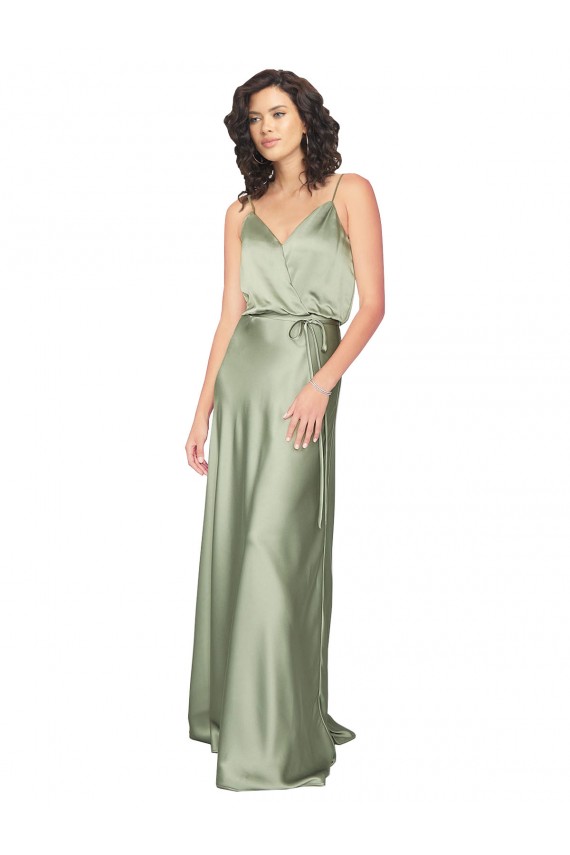 Vert fumée Trapèze Col V Satiné Soyeux Longue Formelles Robes demoiselle d'honneur / Robes de soirée