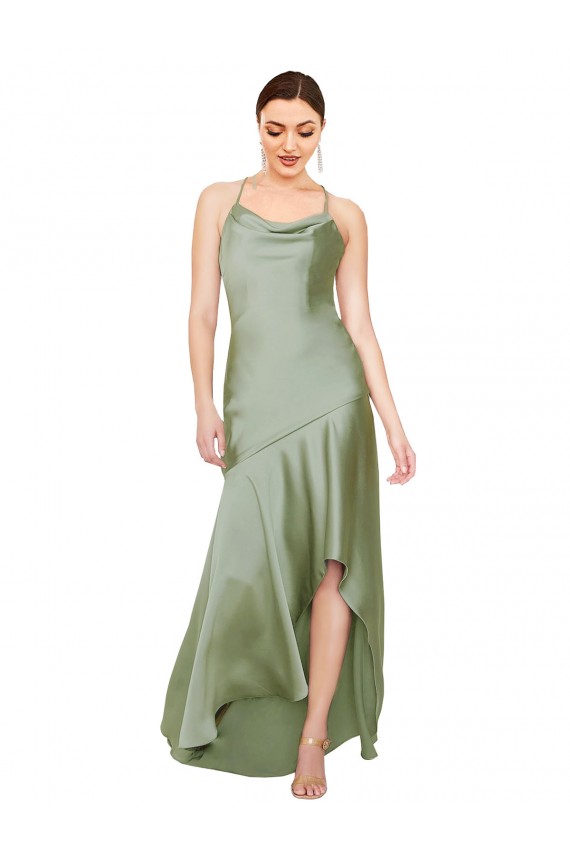 Vert fumée Trapèze Satiné Soyeux Longue Asymétrique Formelles Robes demoiselle d'honneur / Robes de soirée / Robes de bal